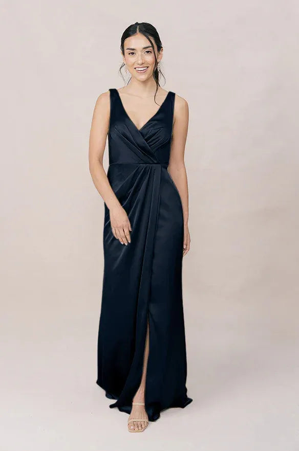 Midnight Navy V-Neck Sleeveless Wrap Front High Slit Mermaid Satin Bridesmaid Dress