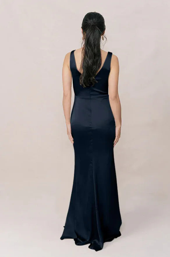 Midnight Navy V-Neck Sleeveless Wrap Front High Slit Mermaid Satin Bridesmaid Dress