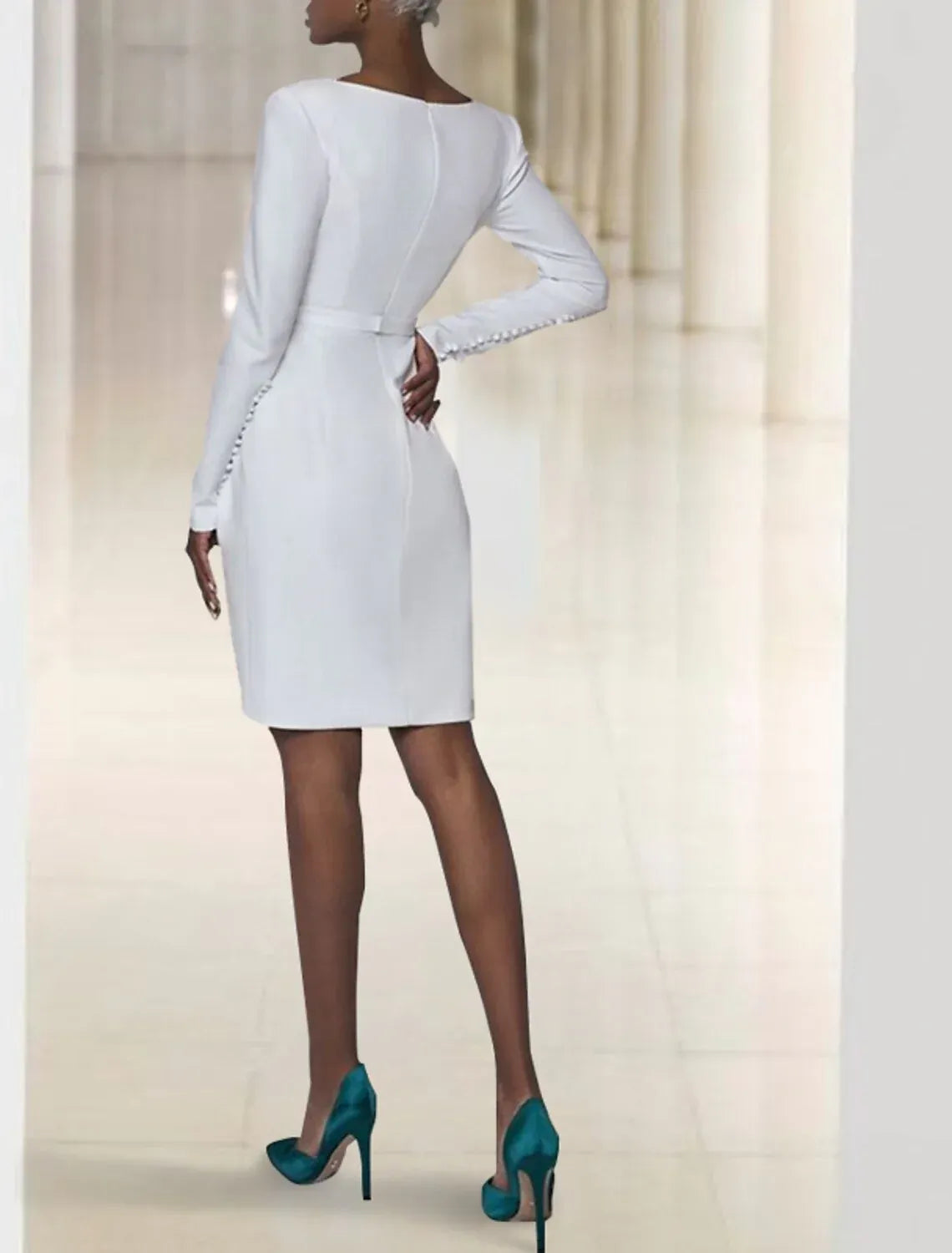 Mini Wrap V Long Sleeve Pearl Cuff Crepe Civil Wedding Dress