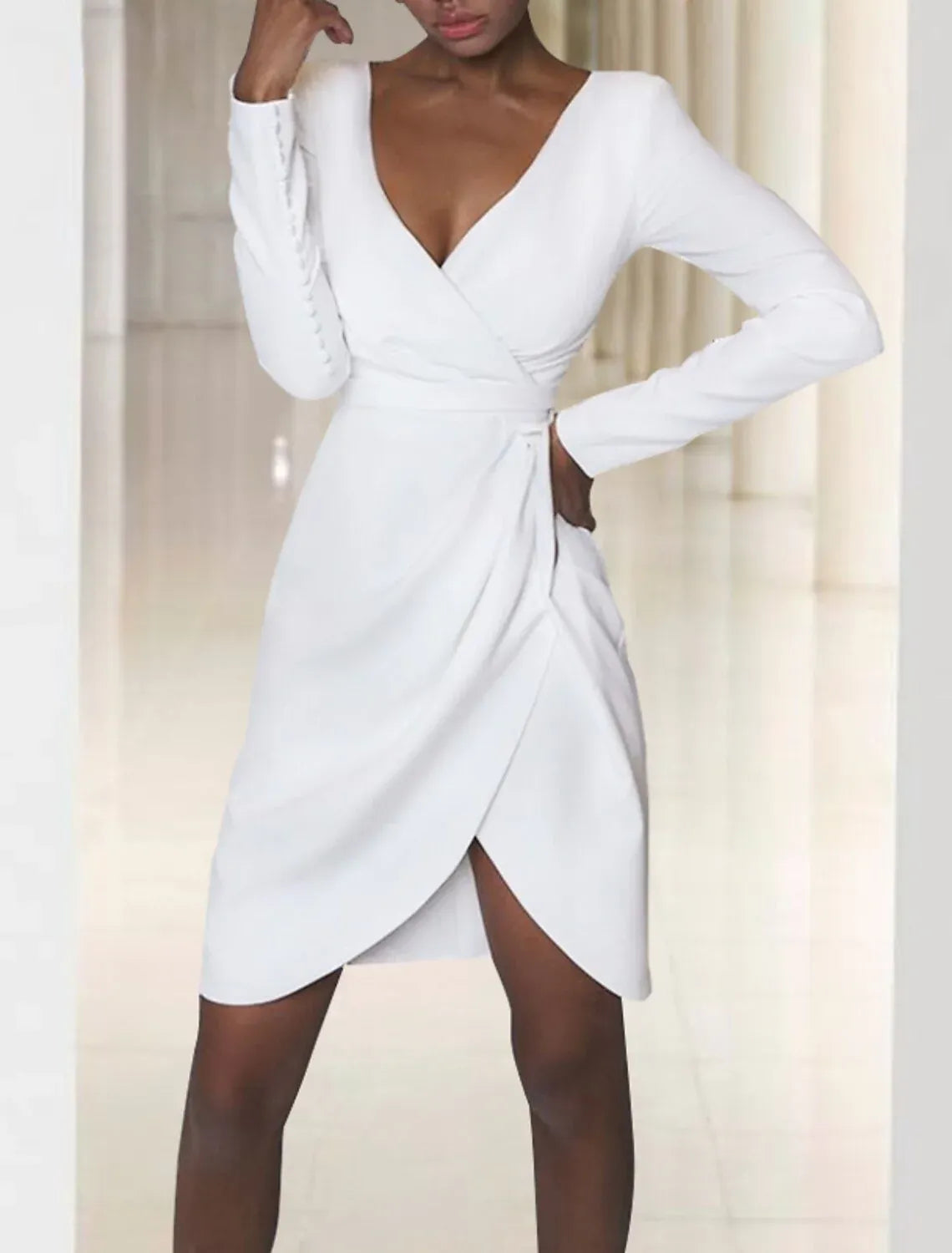 Mini Wrap V Long Sleeve Pearl Cuff Crepe Civil Wedding Dress