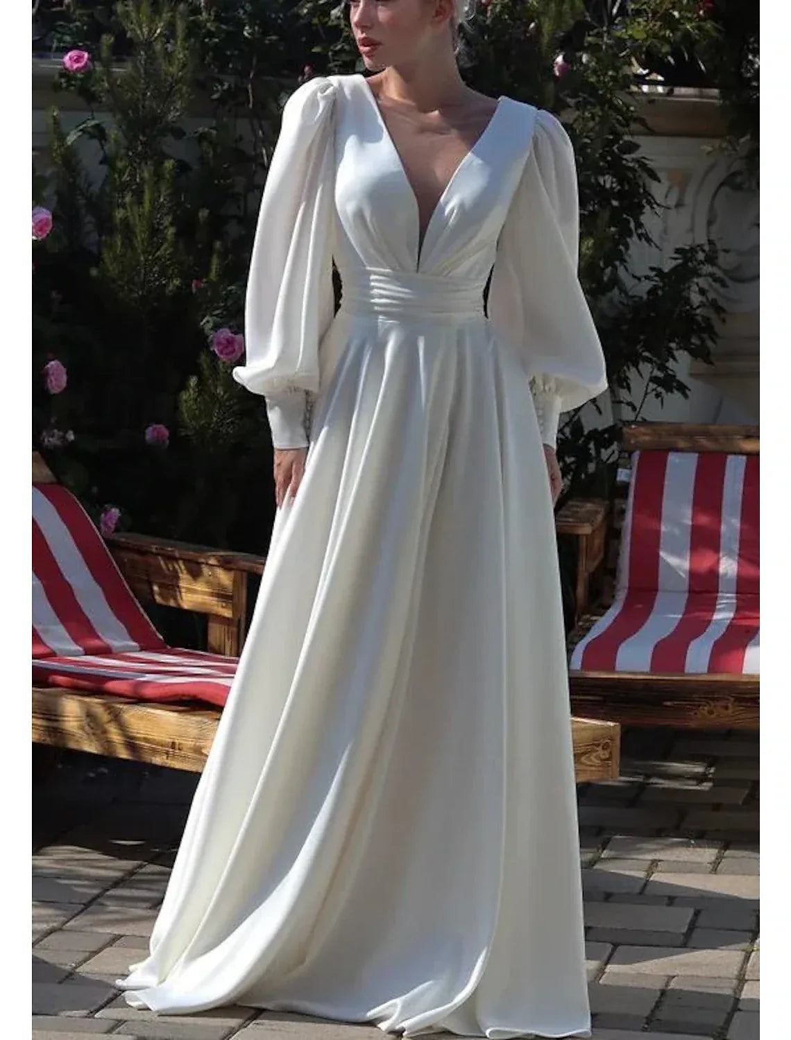 Minimalist A-Line Plunge V Puff Sleeve Bow Back Train Wedding Dress