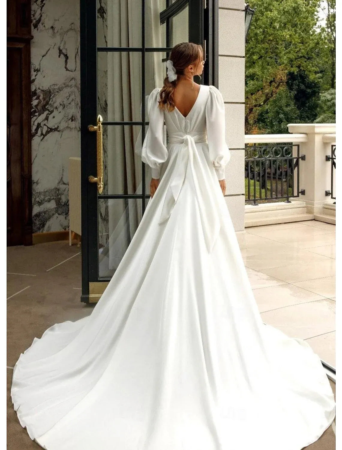 Minimalist A-Line Plunge V Puff Sleeve Bow Back Train Wedding Dress