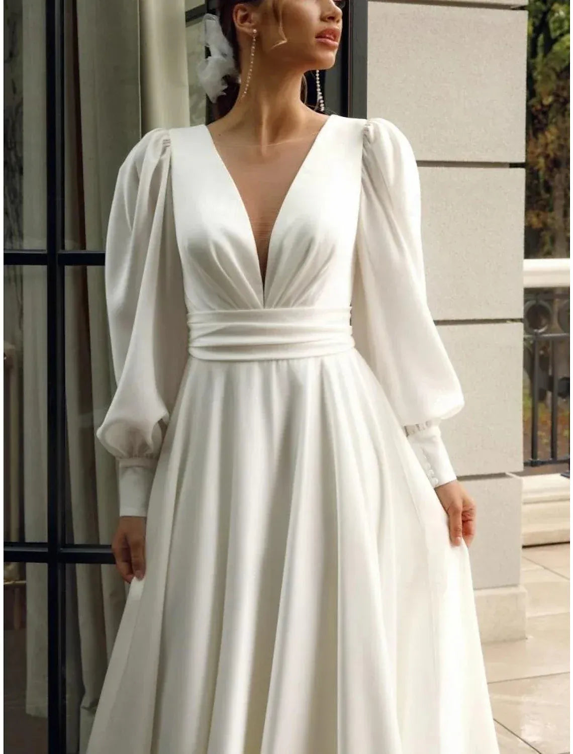 Minimalist A-Line Plunge V Puff Sleeve Bow Back Train Wedding Dress