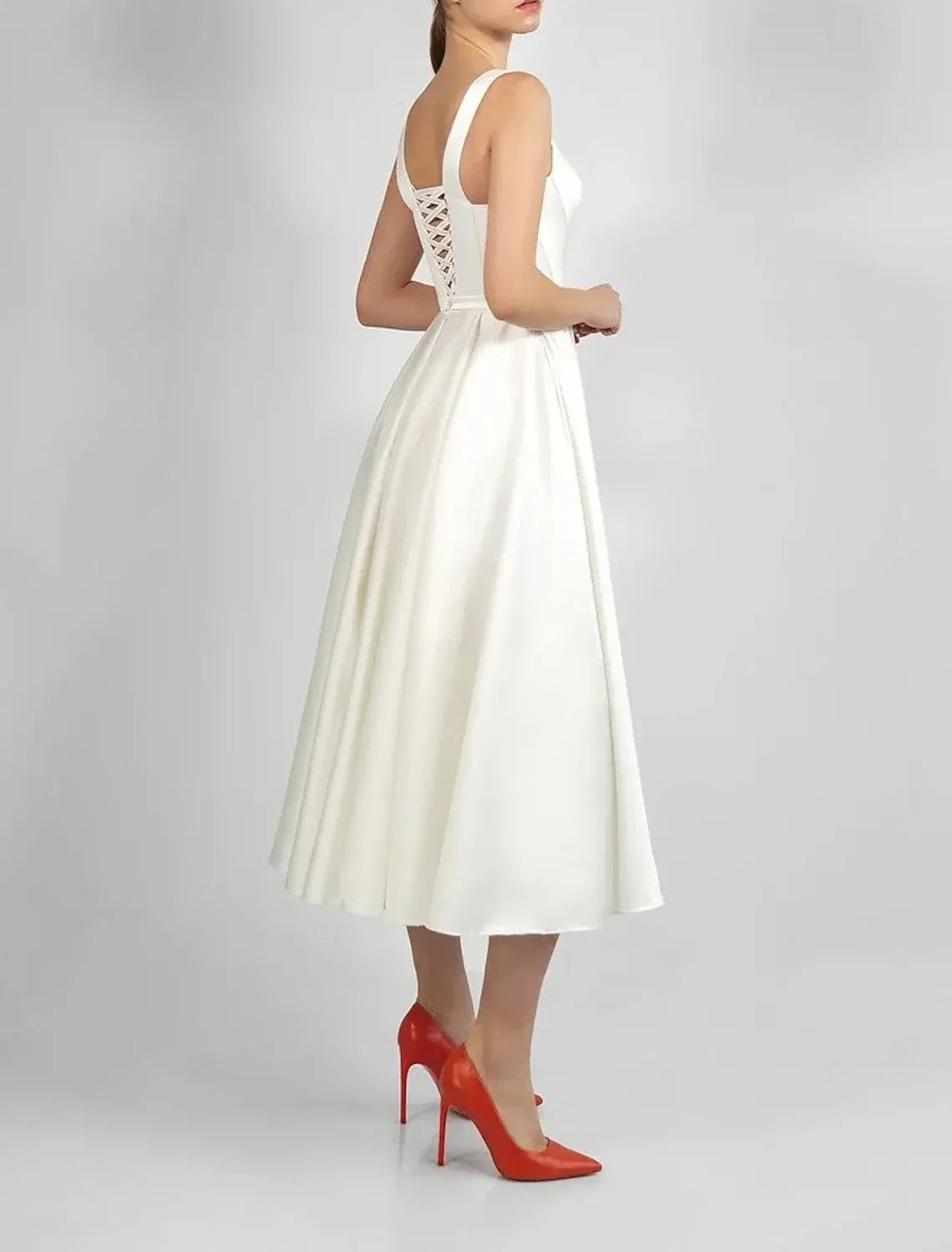Minimalist A-Line Scoop Spaghetti Strap Corset Back Tea Satin Wedding Dress