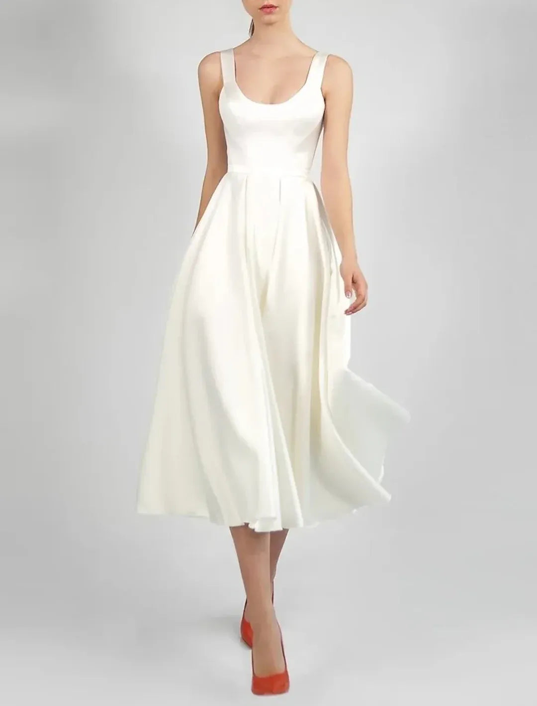 Minimalist A-Line Scoop Spaghetti Strap Corset Back Tea Satin Wedding Dress