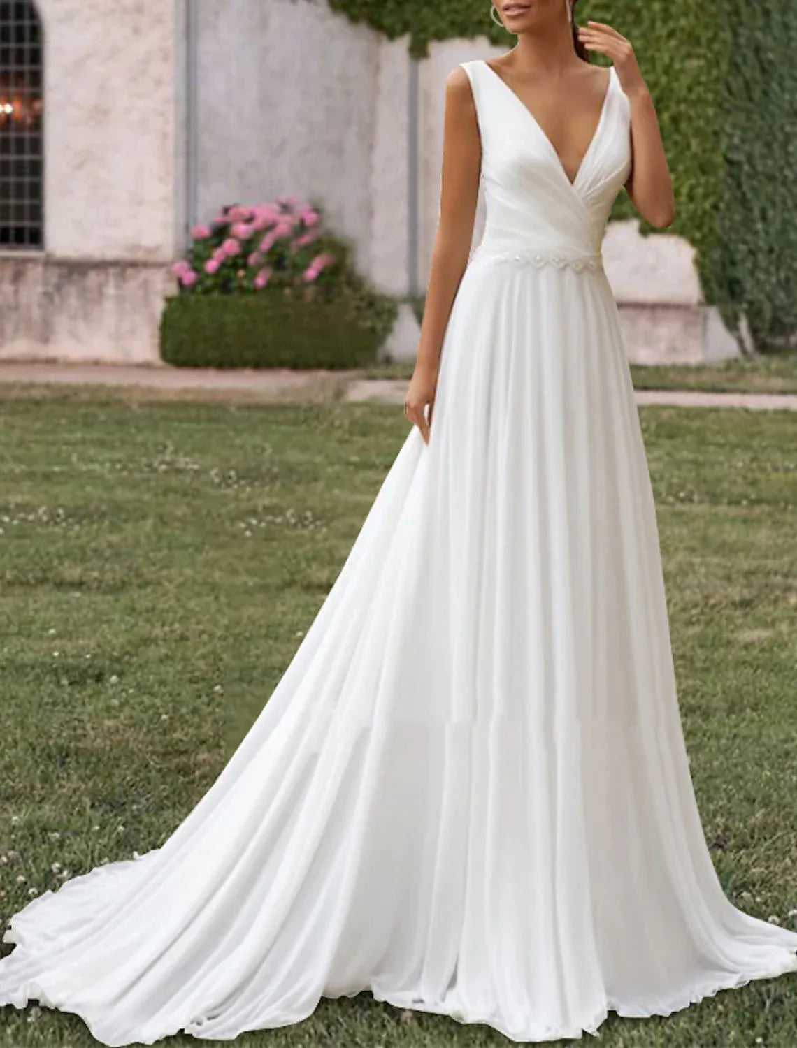 Minimalist A-Line Sleeveless Deep V Ruched Chiffon Sweep Train Wedding Dress