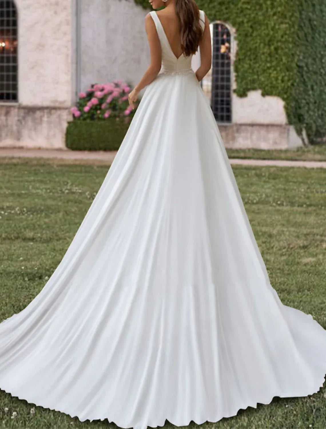 Minimalist A-Line Sleeveless Deep V Ruched Chiffon Sweep Train Wedding Dress