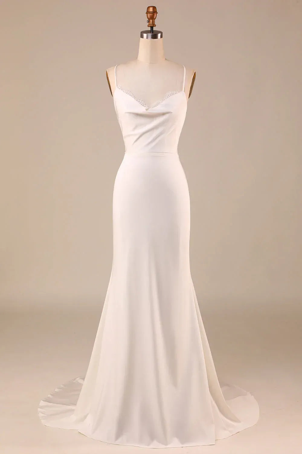 Minimalist Cowl Neck Eyelash Lace Strap Satin Mermaid Wedding Dress With Crisscross Lace-Up Back Chapel Train