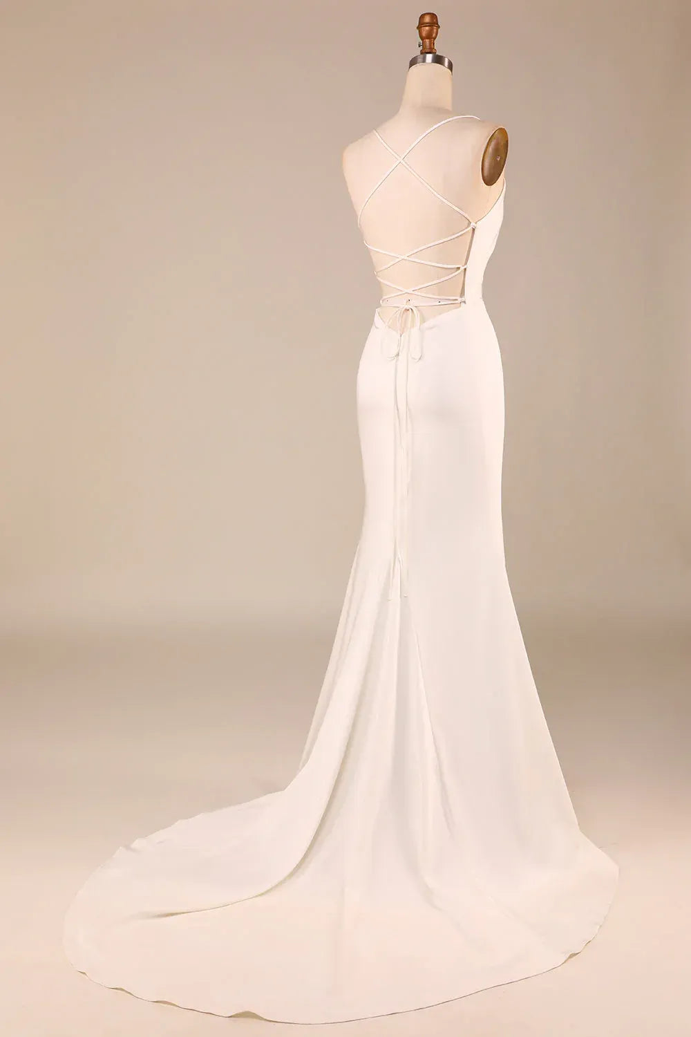 Minimalist Cowl Neck Eyelash Lace Strap Satin Mermaid Wedding Dress With Crisscross Lace-Up Back Chapel Train