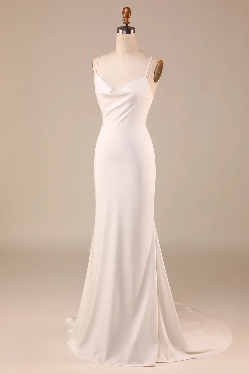 Minimalist Cowl Neck Eyelash Lace Strap Satin Mermaid Wedding Dress With Crisscross Lace-Up Back Chapel Train