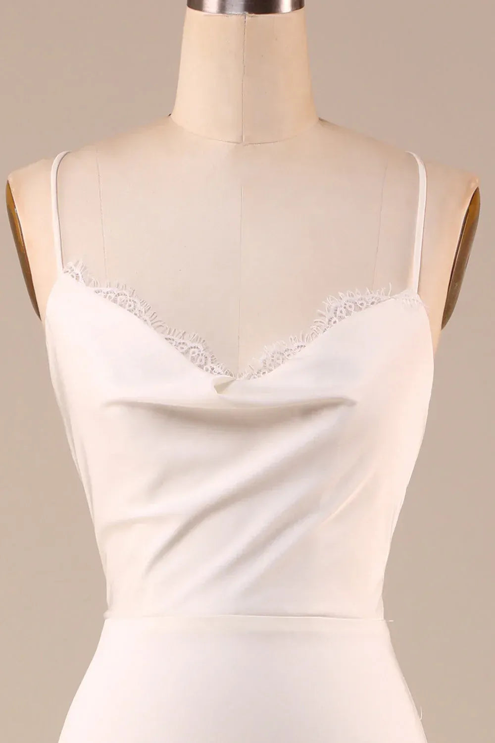 Minimalist Cowl Neck Eyelash Lace Strap Satin Mermaid Wedding Dress With Crisscross Lace-Up Back Chapel Train