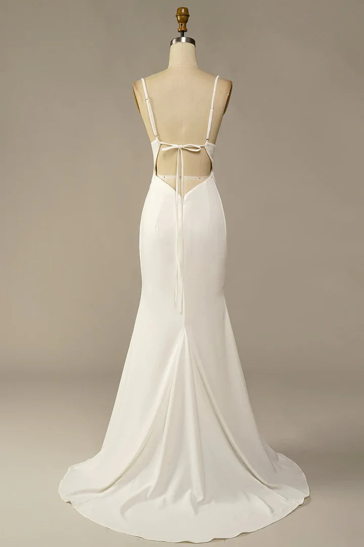 Minimalist Mermaid Cowl Spaghetti-Strap Tie-Back Floor-Length Wedding Dresses For Intimate Wedding