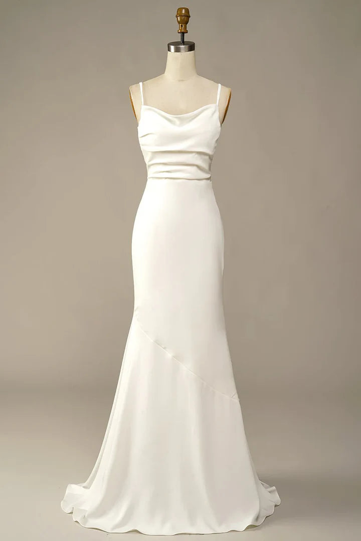 Minimalist Mermaid Cowl Spaghetti-Strap Tie-Back Floor-Length Wedding Dresses For Intimate Wedding