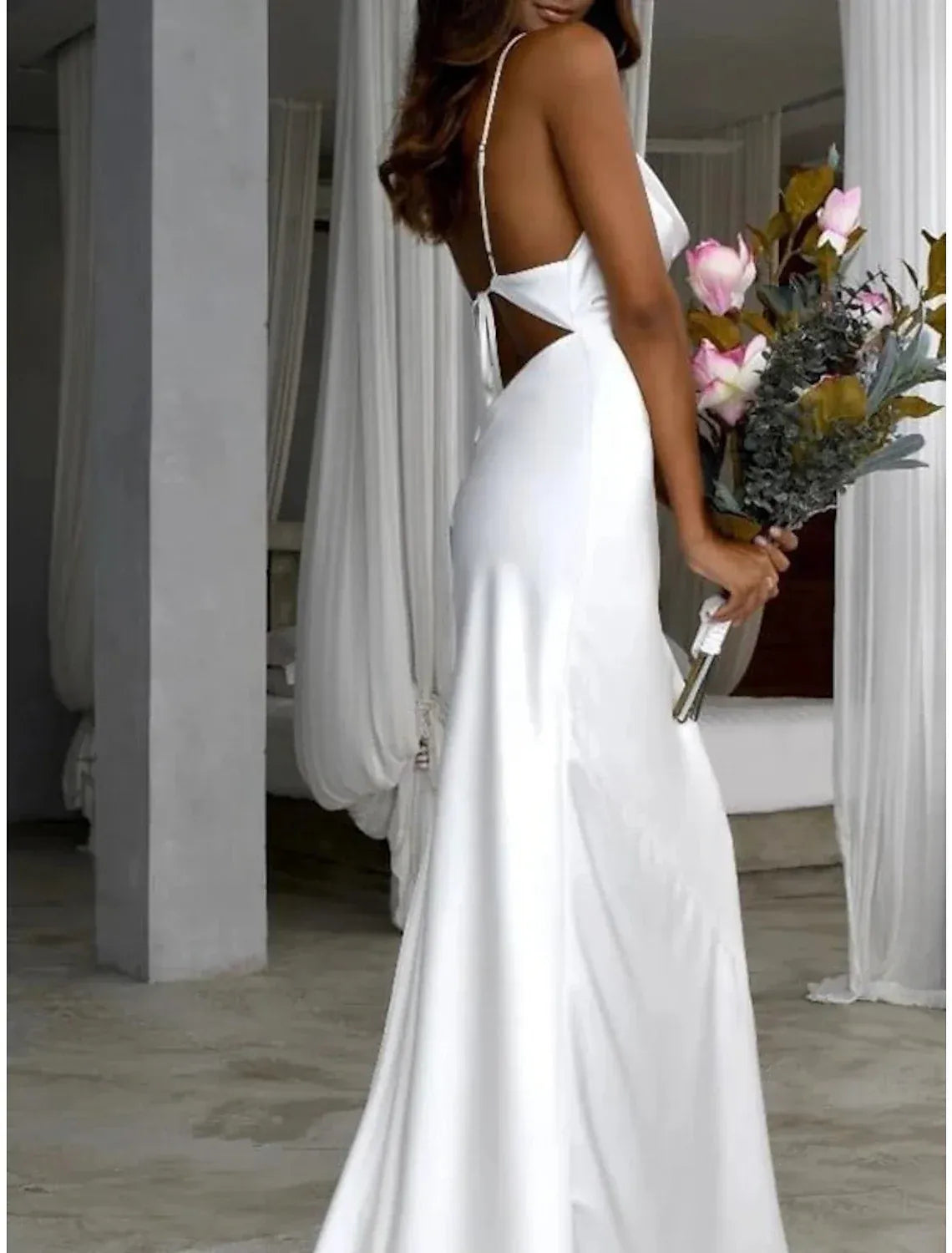 Minimalist Mermaid Cowl Spaghetti Strap Tie Back Satin Train Wedding Dress