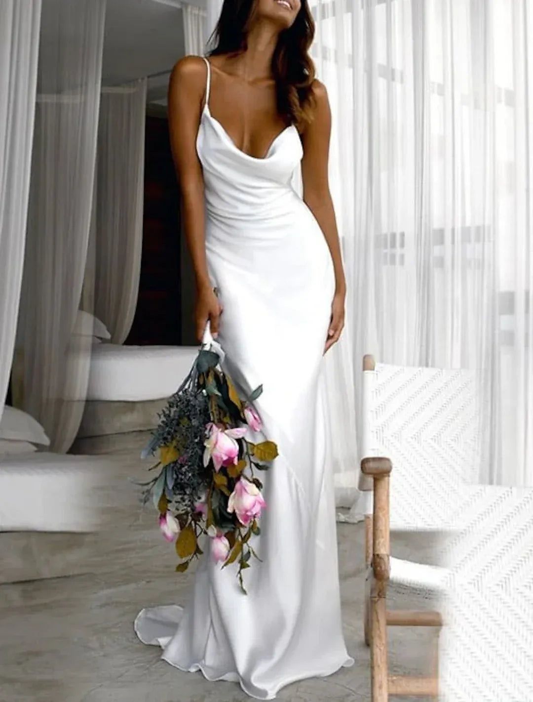 Minimalist Mermaid Cowl Spaghetti Strap Tie Back Satin Train Wedding Dress