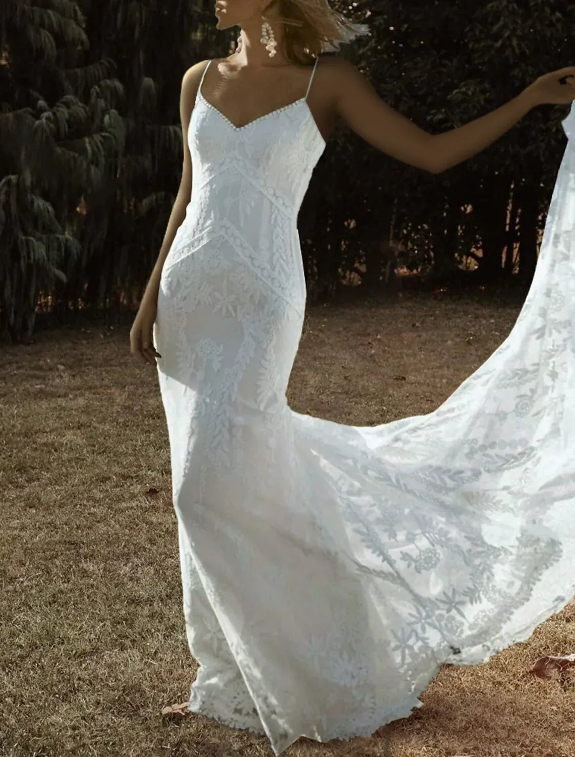 Minimalist Mermaid Spaghetti Strap Deep V Full Lace Low Back Sweep Train Wedding Dress