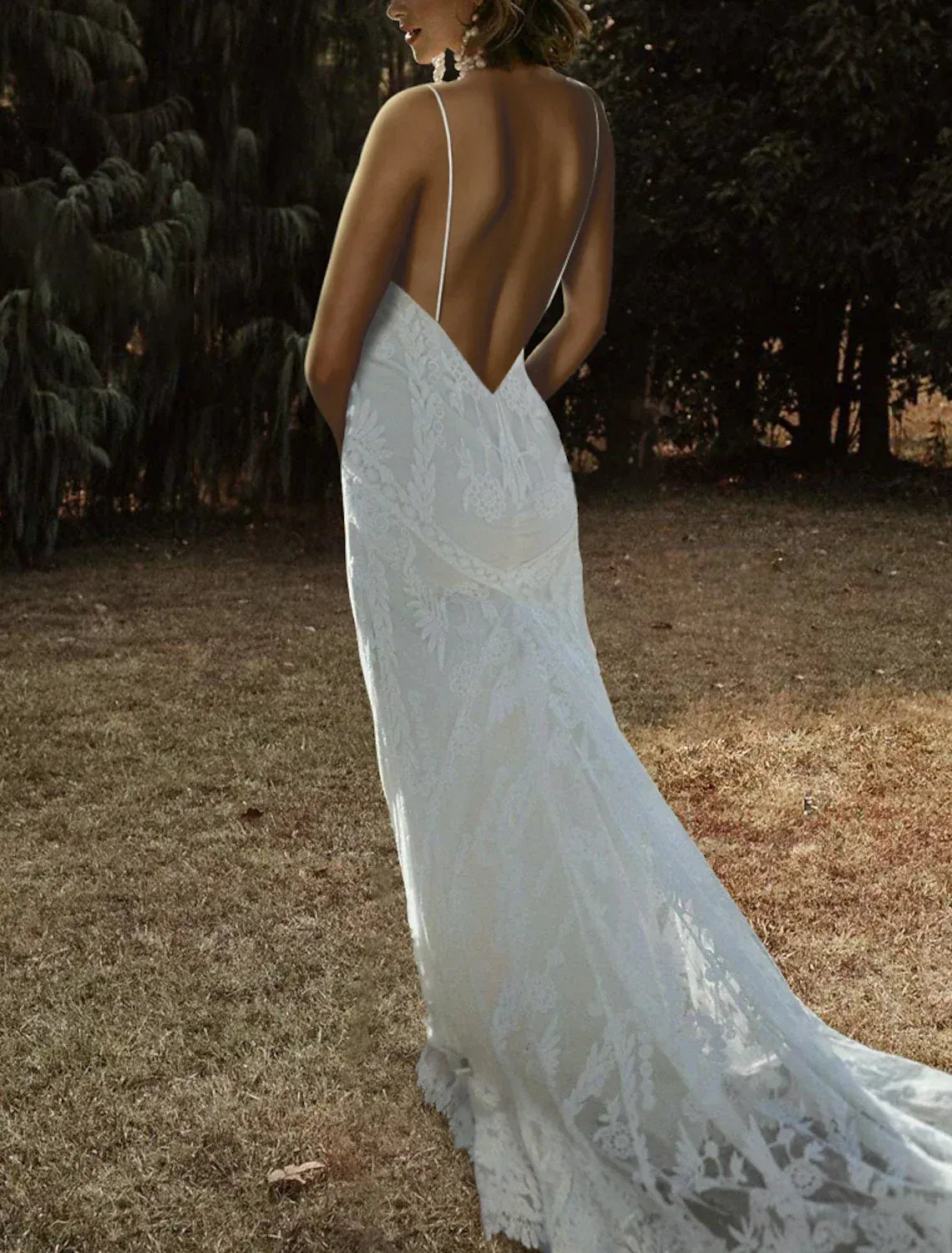 Minimalist Mermaid Spaghetti Strap Deep V Full Lace Low Back Sweep Train Wedding Dress