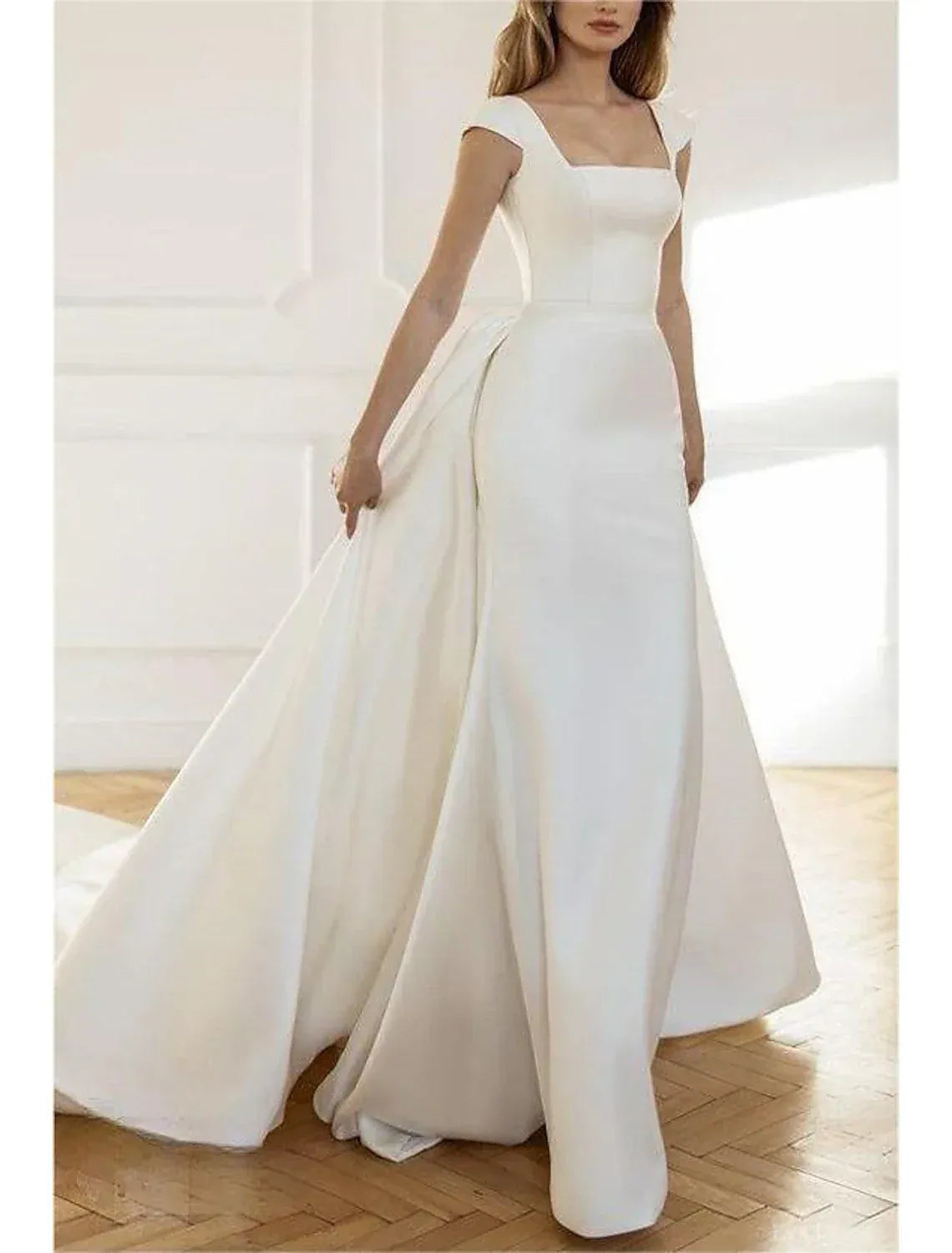 Minimalist Mermaid Square Cap Sleeve Detachable Overskirt Train Wedding Dress