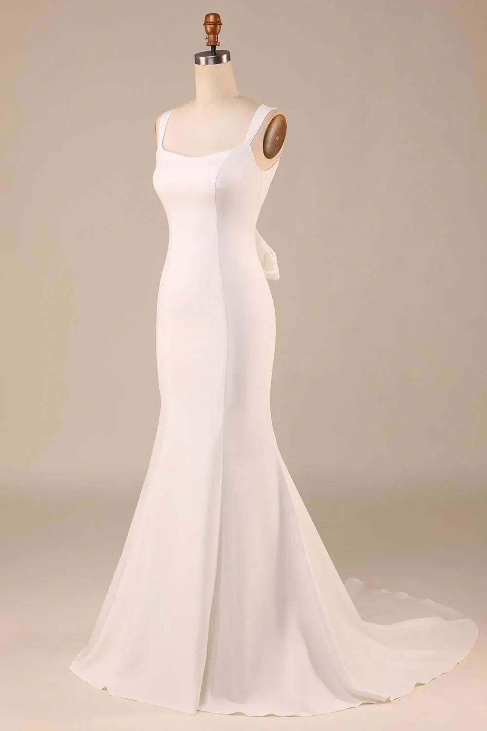 Minimalist Mermaid Square‑Neck Wide‑Strap Bow‑Back Floor‑Length Wedding Dresses For Modern Intimate Wedding
