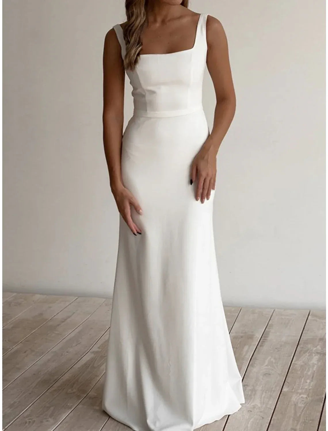 Minimalist Mermaid Square Wide Strap Simple Back Floor Wedding Dress