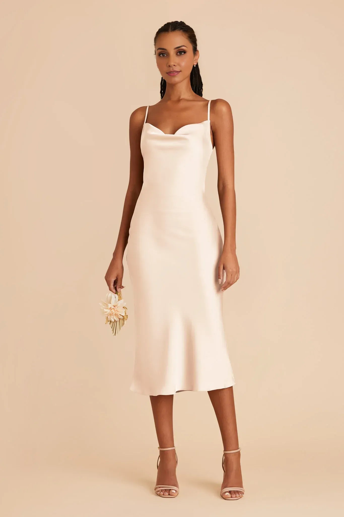 Minimalist Midi Cowl Neck Spaghetti Strap Plain Back Wedding Bridesmaid Dress