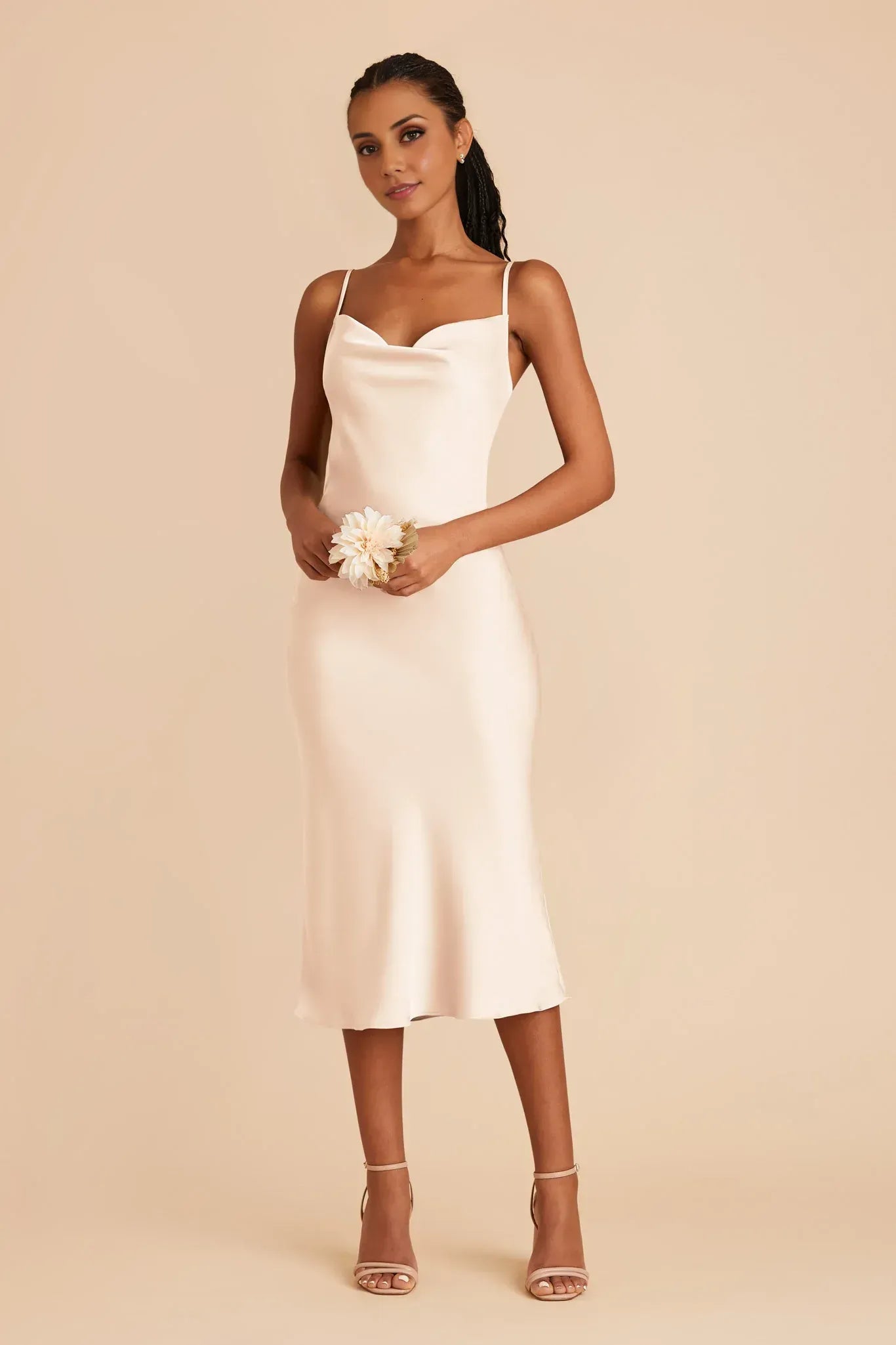 Minimalist Midi Cowl Neck Spaghetti Strap Plain Back Wedding Bridesmaid Dress