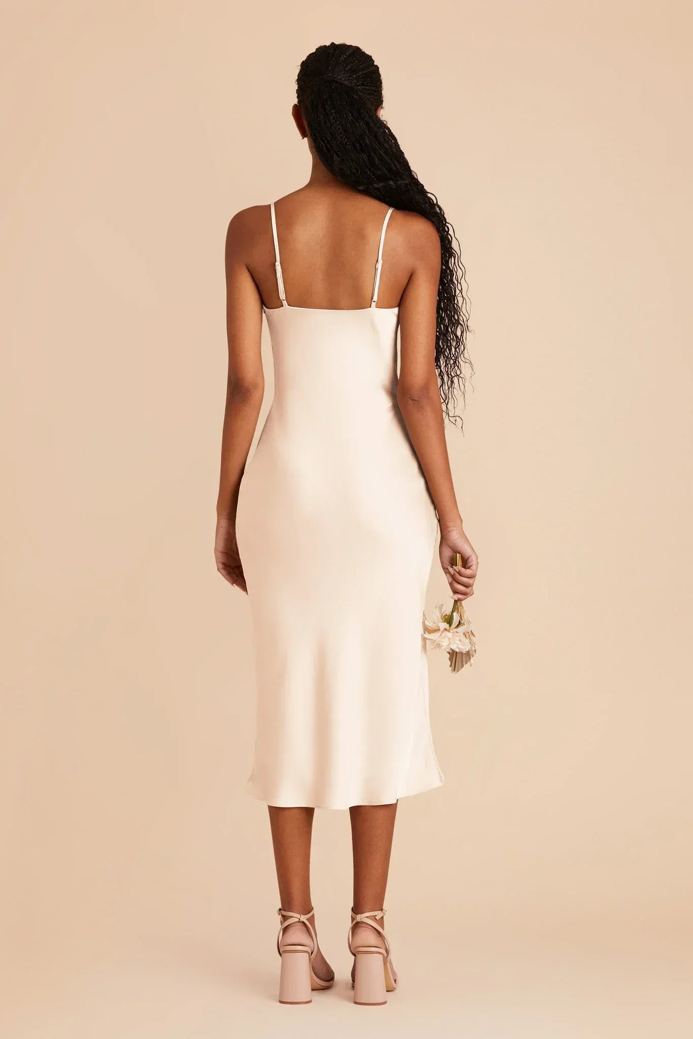 Minimalist Midi Cowl Neck Spaghetti Strap Plain Back Wedding Bridesmaid Dress