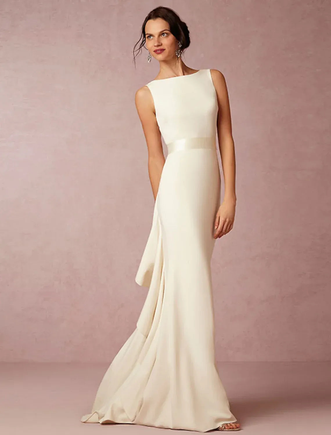 Minimalist Sleeveless Boat Neck Satin Mermaid Wedding Dress With Deep V Back Cascading Ruffle Train