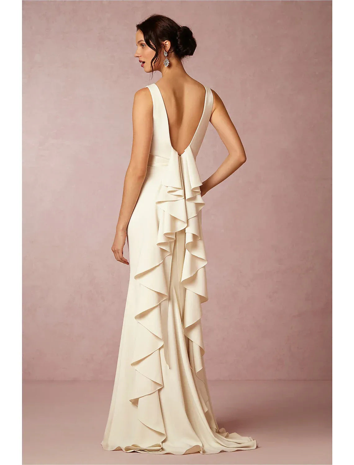 Minimalist Sleeveless Boat Neck Satin Mermaid Wedding Dress With Deep V Back Cascading Ruffle Train