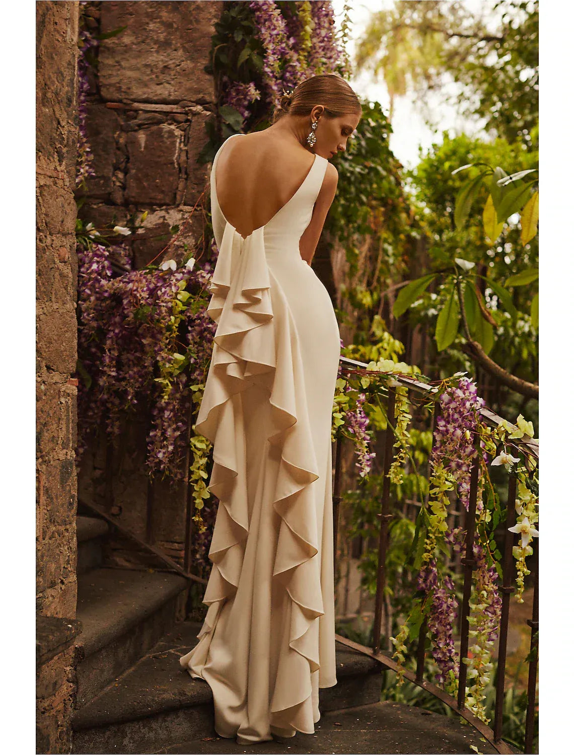Minimalist Sleeveless Boat Neck Satin Mermaid Wedding Dress With Deep V Back Cascading Ruffle Train