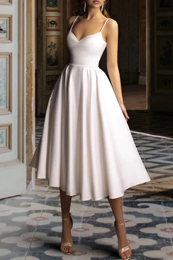 Minimalist Sweetheart Spaghetti-Strap Tea-Length Wedding Dress