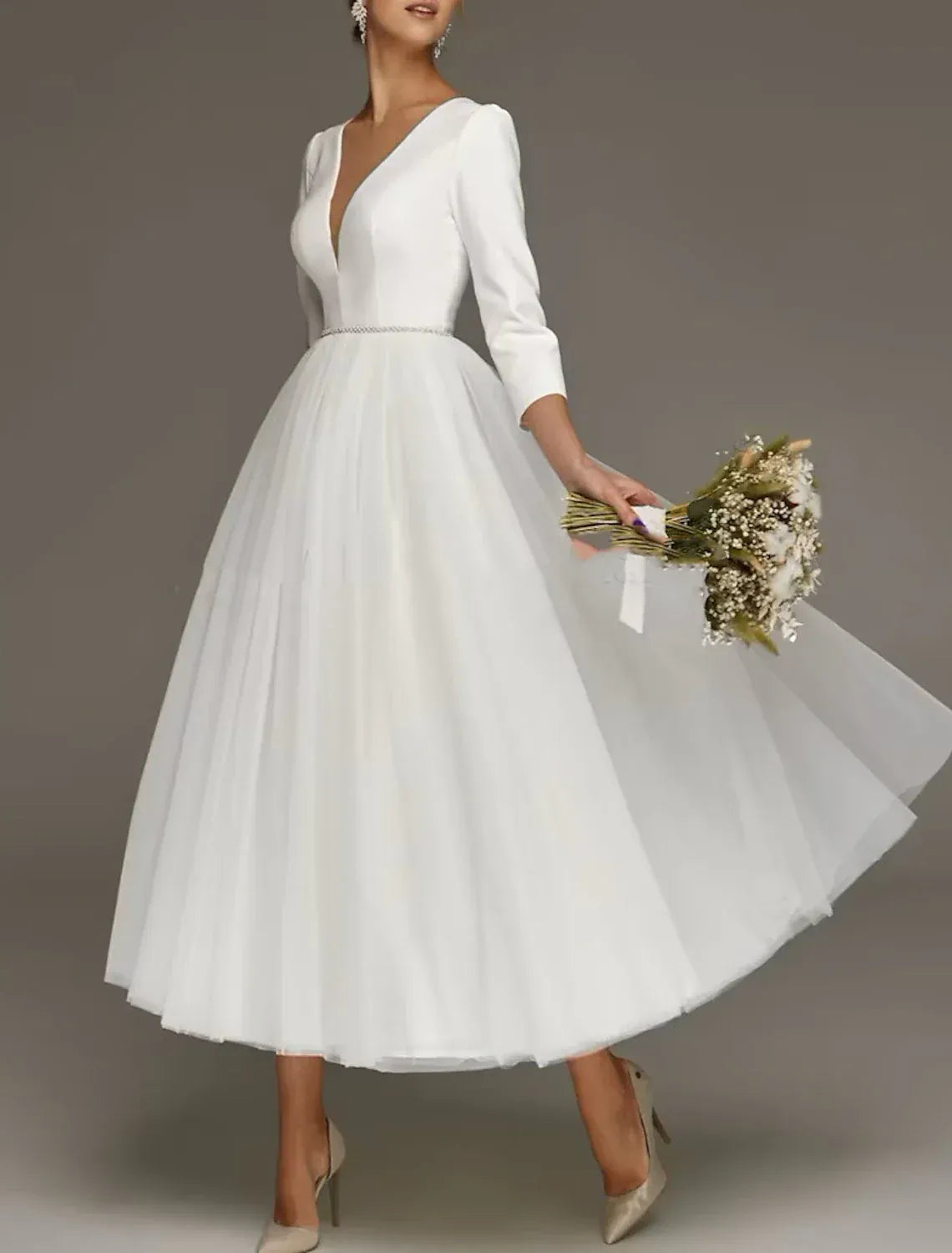 Minimalist Tea-Length Plunge V Three Quarter Pearl Back Wedding Dress