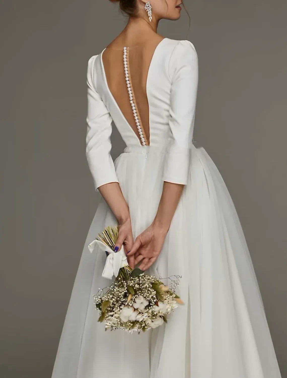 Minimalist Tea-Length Plunge V Three Quarter Pearl Back Wedding Dress