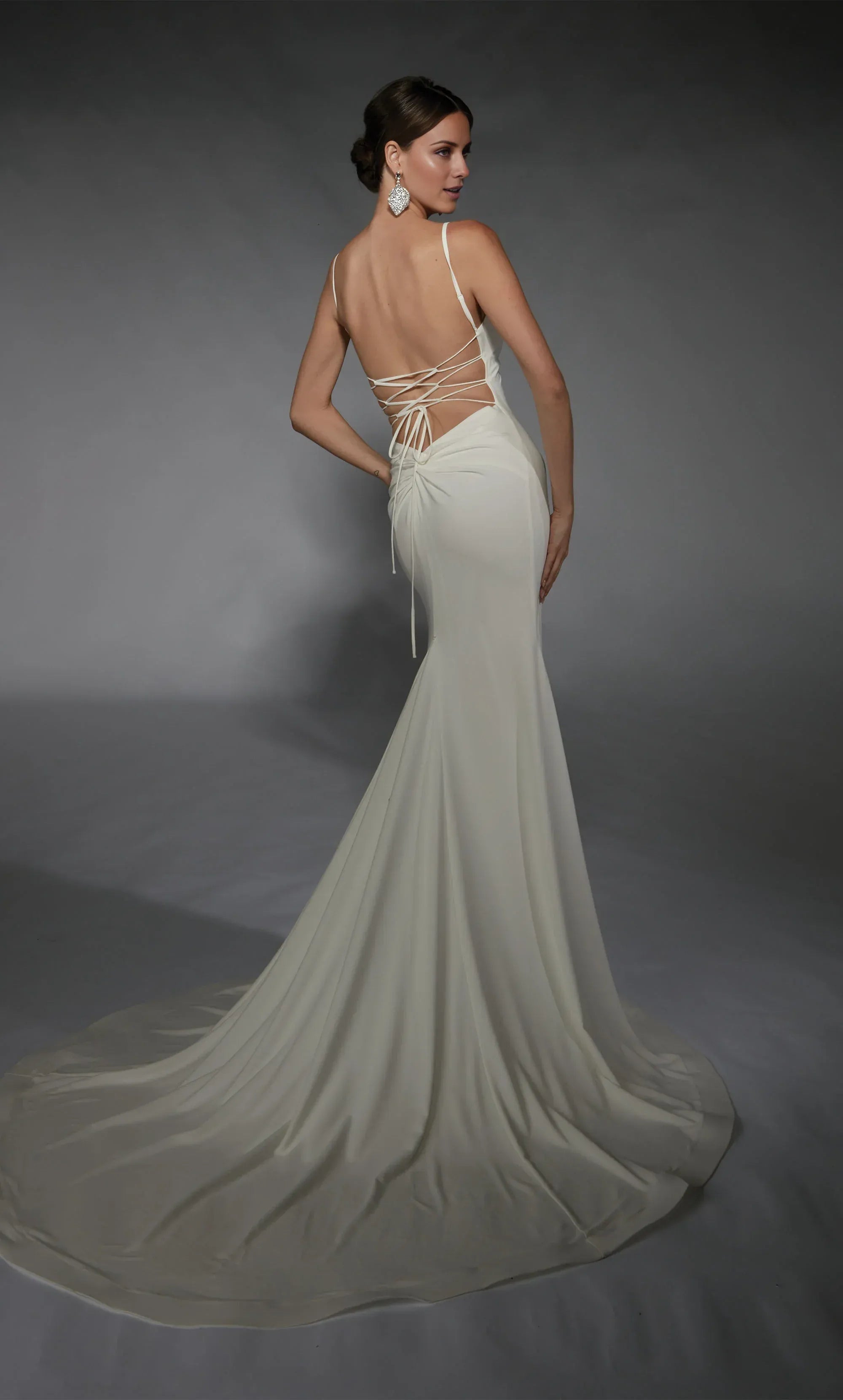 Minimalist Spaghetti‑Strap Crepe Mermaid Lace‑Up‑Back Wedding Dress