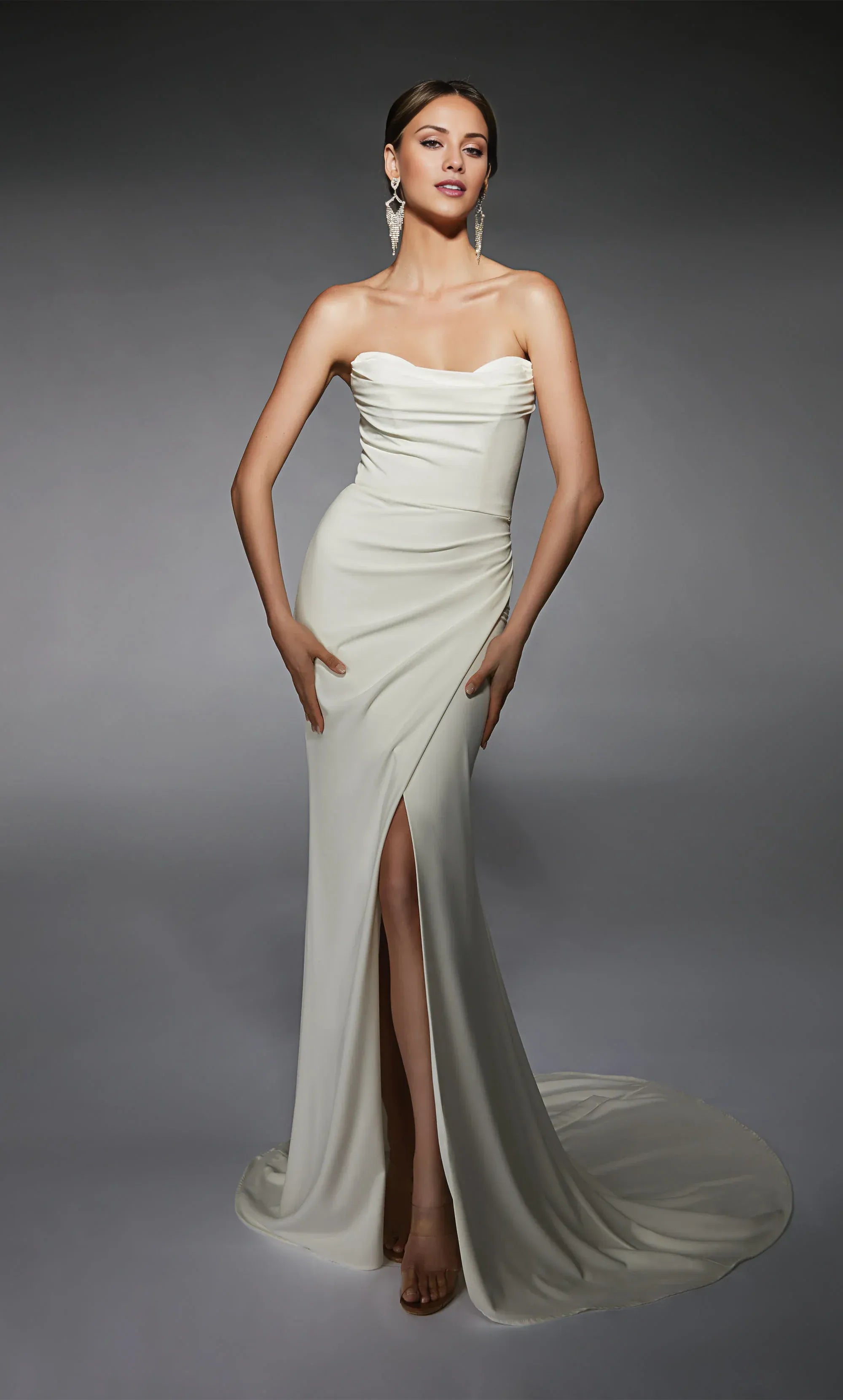 Minimalist Strapless Crepe Mermaid Draped‑Bodice High‑Slit Wedding Dress
