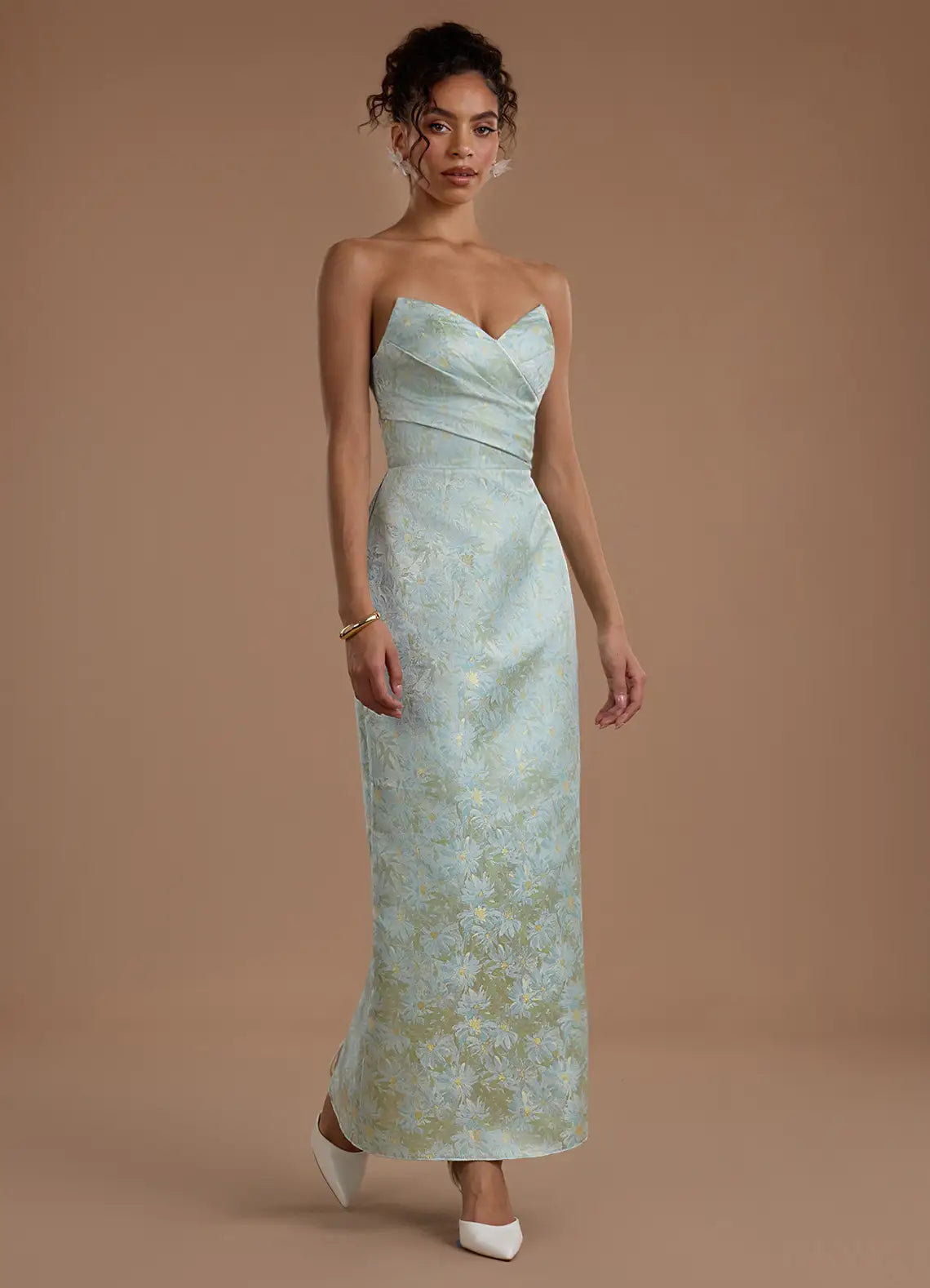 Mint Strapless Sweetheart Wrap Floral Satin Midi Slit Wedding Guest Dress