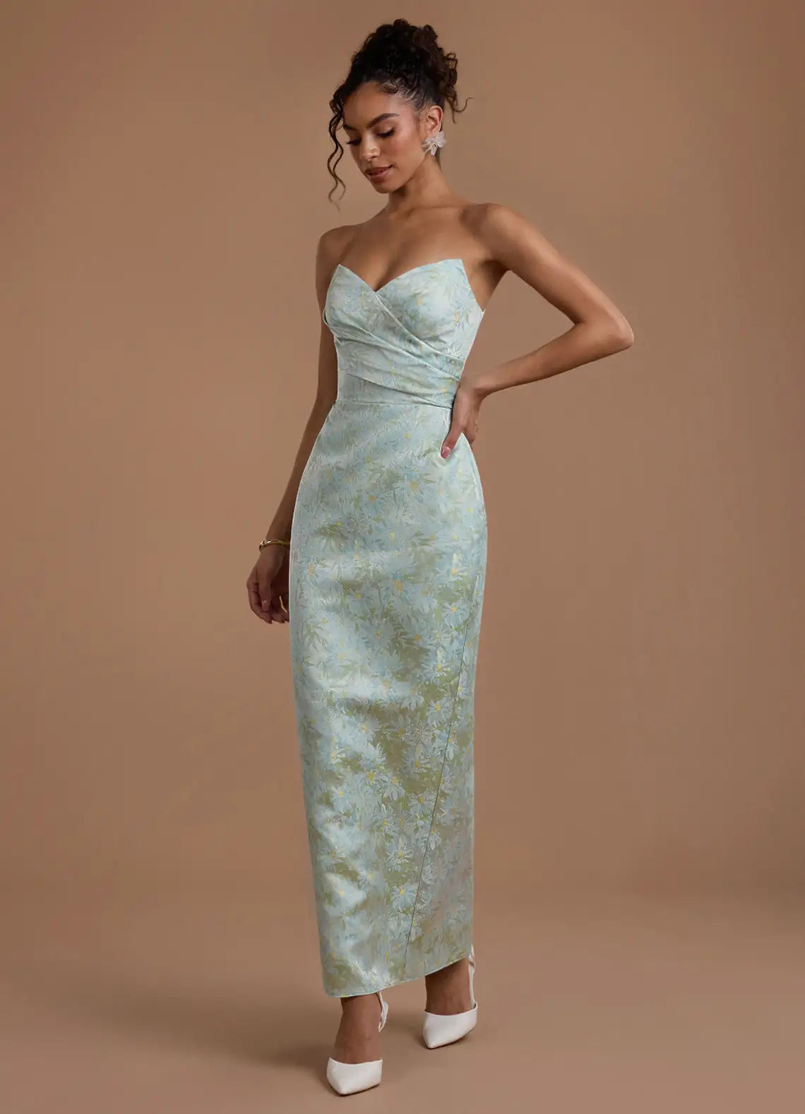 Mint Strapless Sweetheart Wrap Floral Satin Midi Slit Wedding Guest Dress