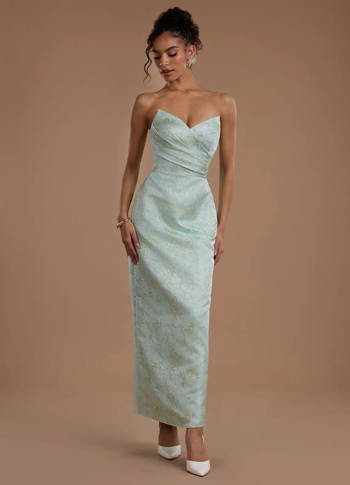 Mint Strapless Sweetheart Wrap Floral Satin Midi Slit Wedding Guest Dress