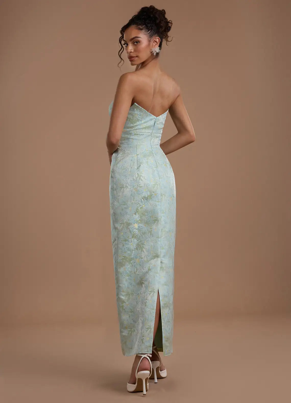 Mint Strapless Sweetheart Wrap Floral Satin Midi Slit Wedding Guest Dress