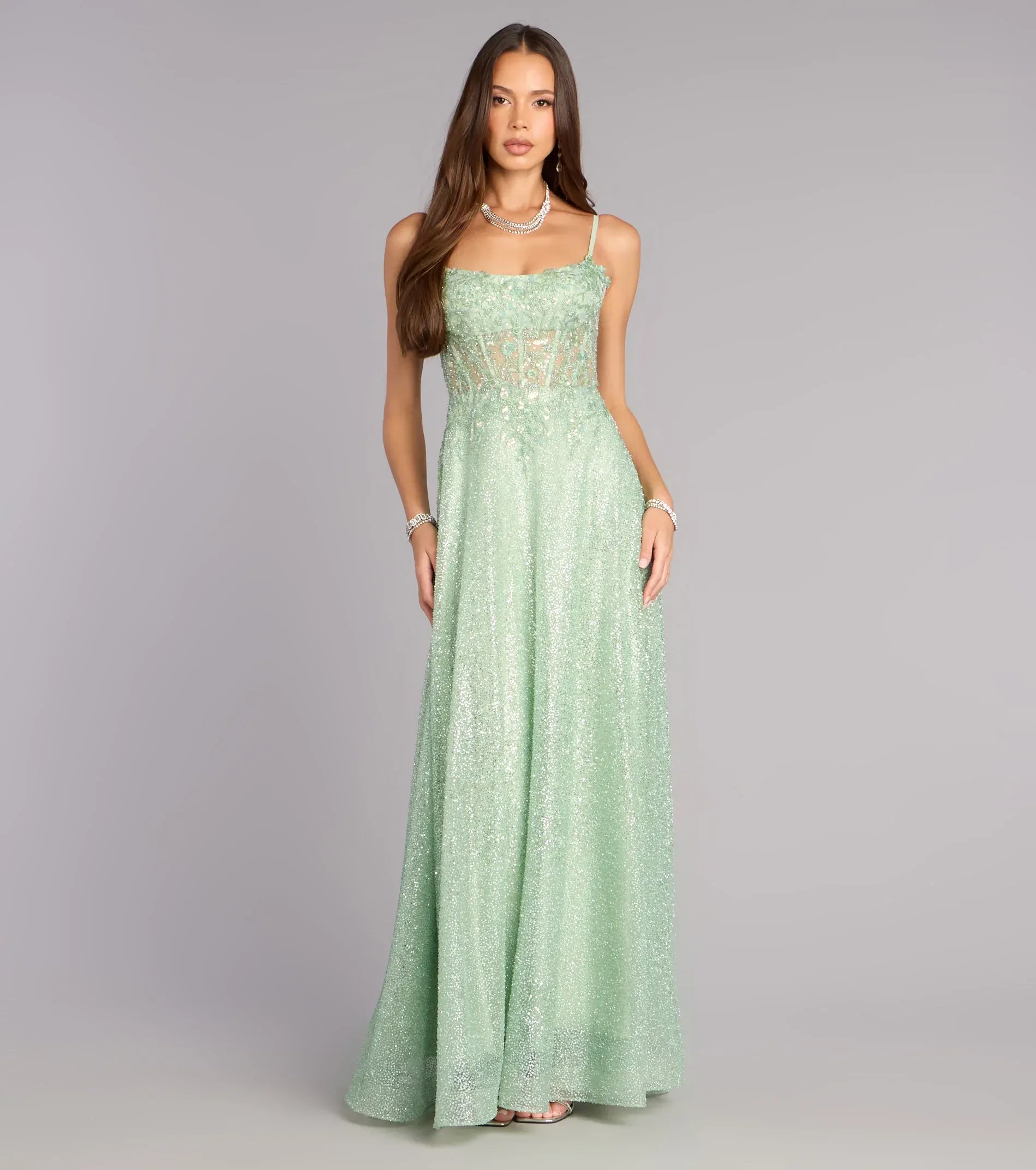 Mint Thin Spaghetti Strap Mesh Corset Lace Up Back Glitter A Line Maxi Wedding Guest Dress