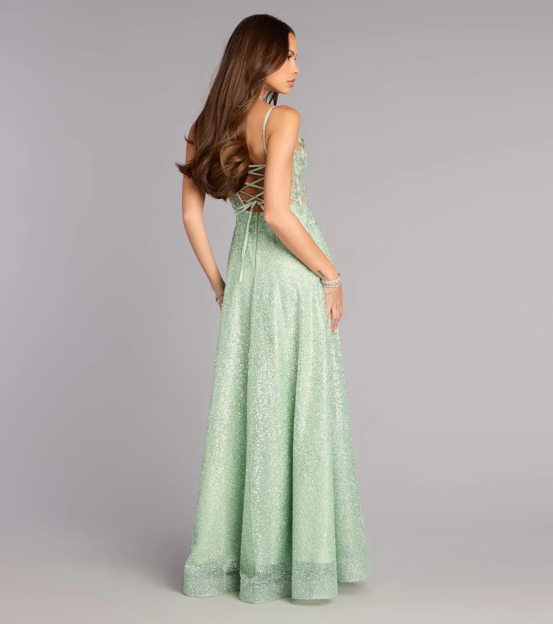 Mint Thin Spaghetti Strap Mesh Corset Lace Up Back Glitter A Line Maxi Wedding Guest Dress