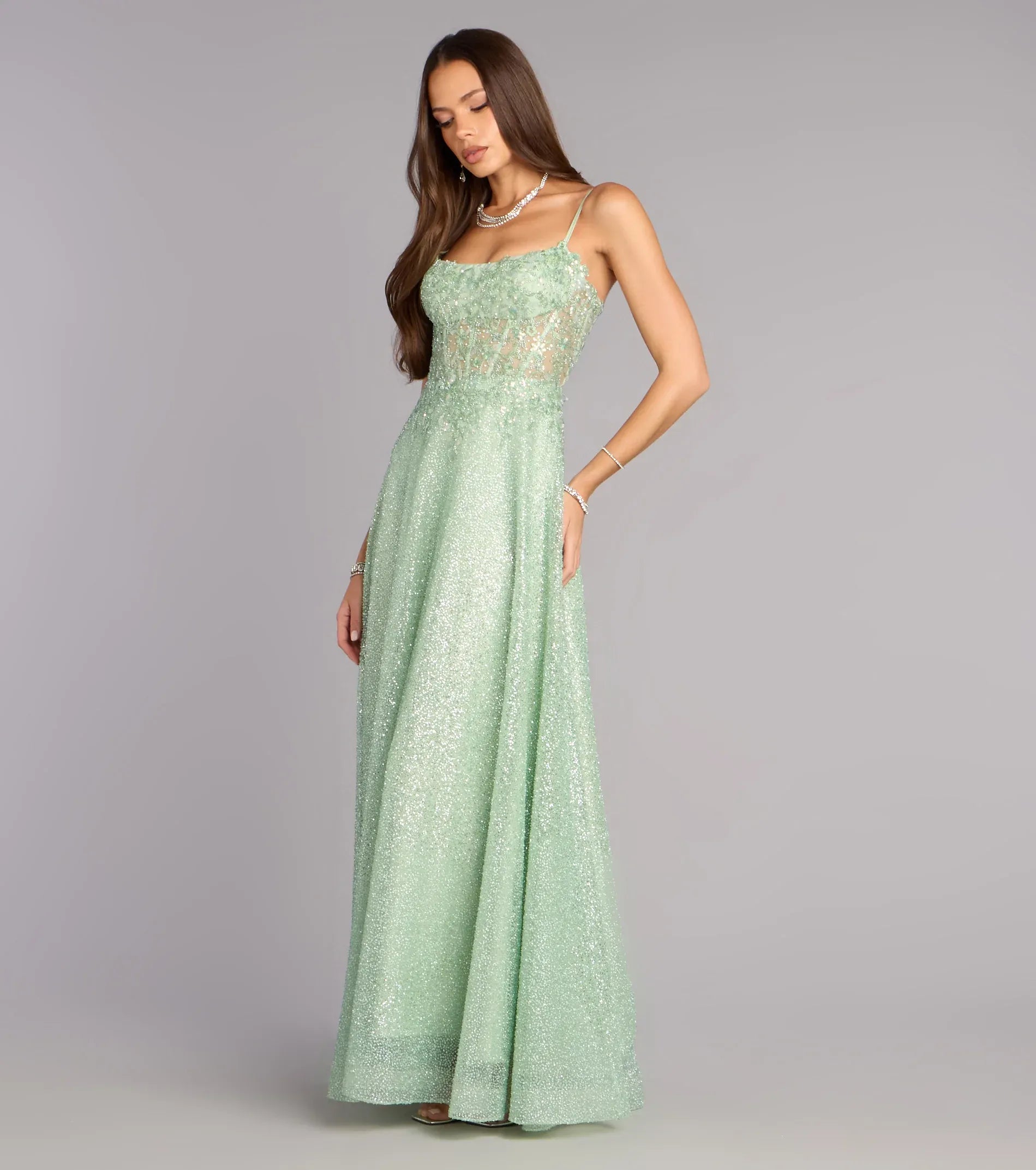 Mint Thin Spaghetti Strap Mesh Corset Lace Up Back Glitter A Line Maxi Wedding Guest Dress