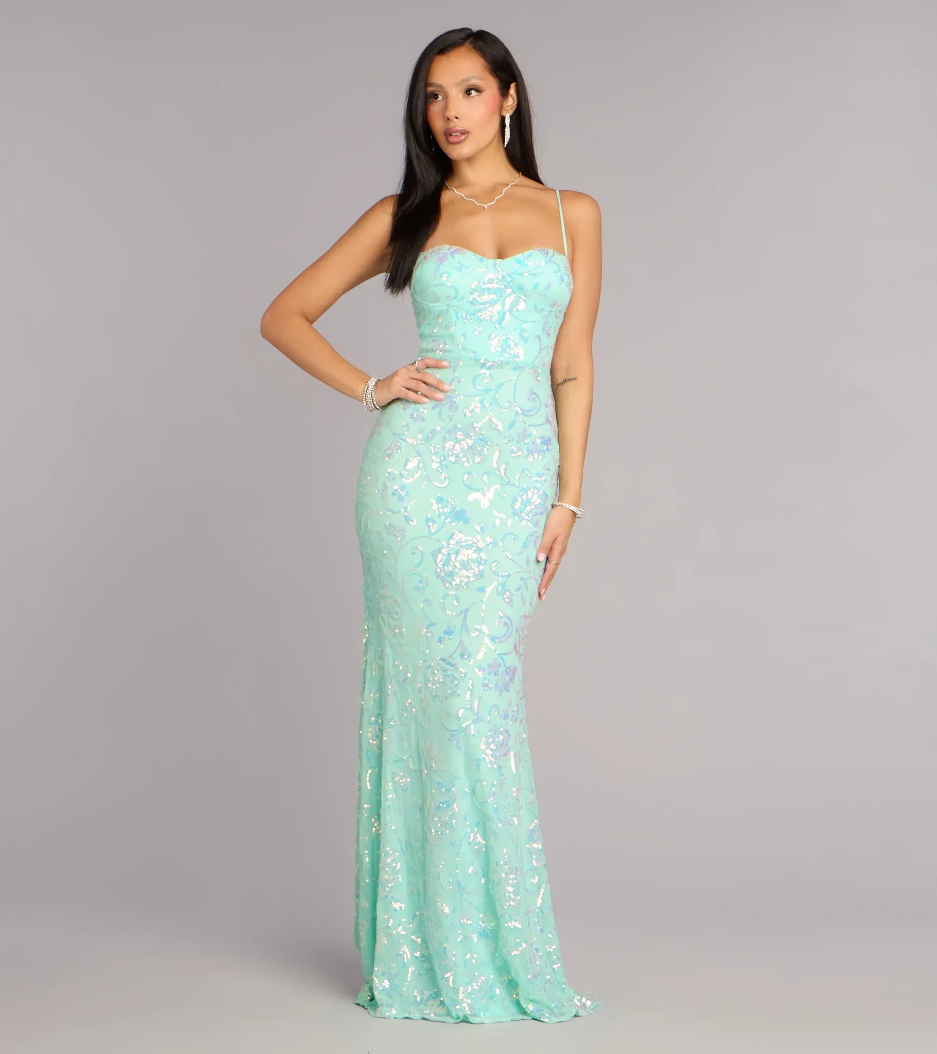 Mint Thin Spaghetti Strap Sweetheart Floral Sequin Lace Up Back Mermaid Maxi Wedding Guest Dress