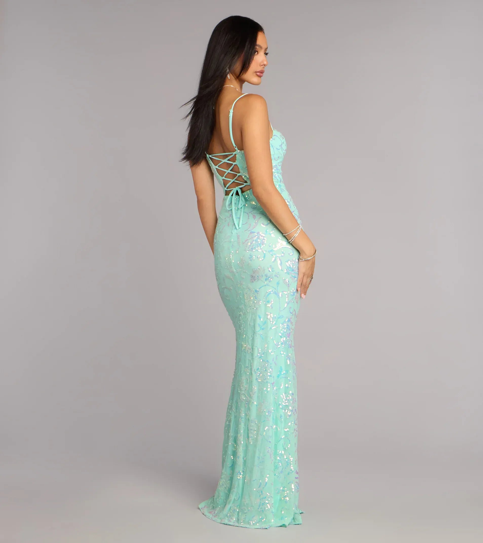 Mint Thin Spaghetti Strap Sweetheart Floral Sequin Lace Up Back Mermaid Maxi Wedding Guest Dress