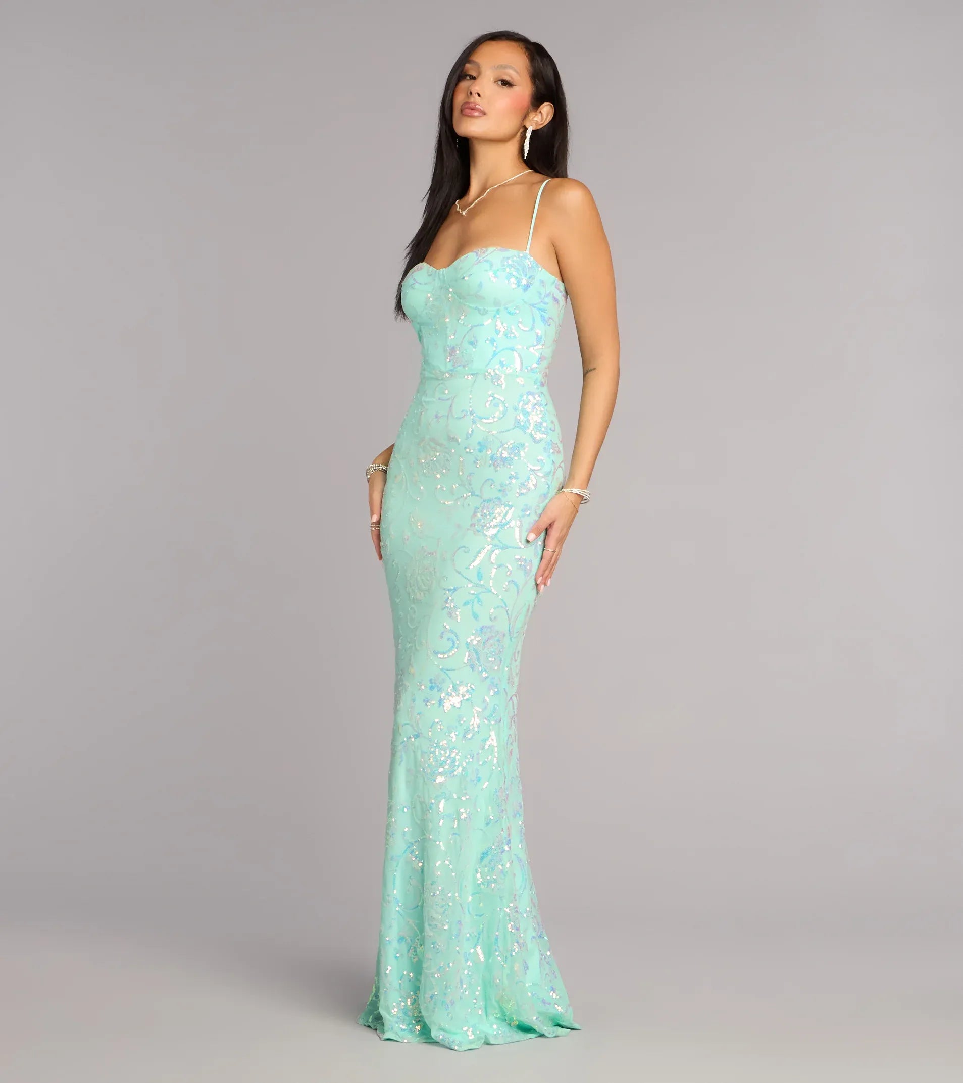 Mint Thin Spaghetti Strap Sweetheart Floral Sequin Lace Up Back Mermaid Maxi Wedding Guest Dress