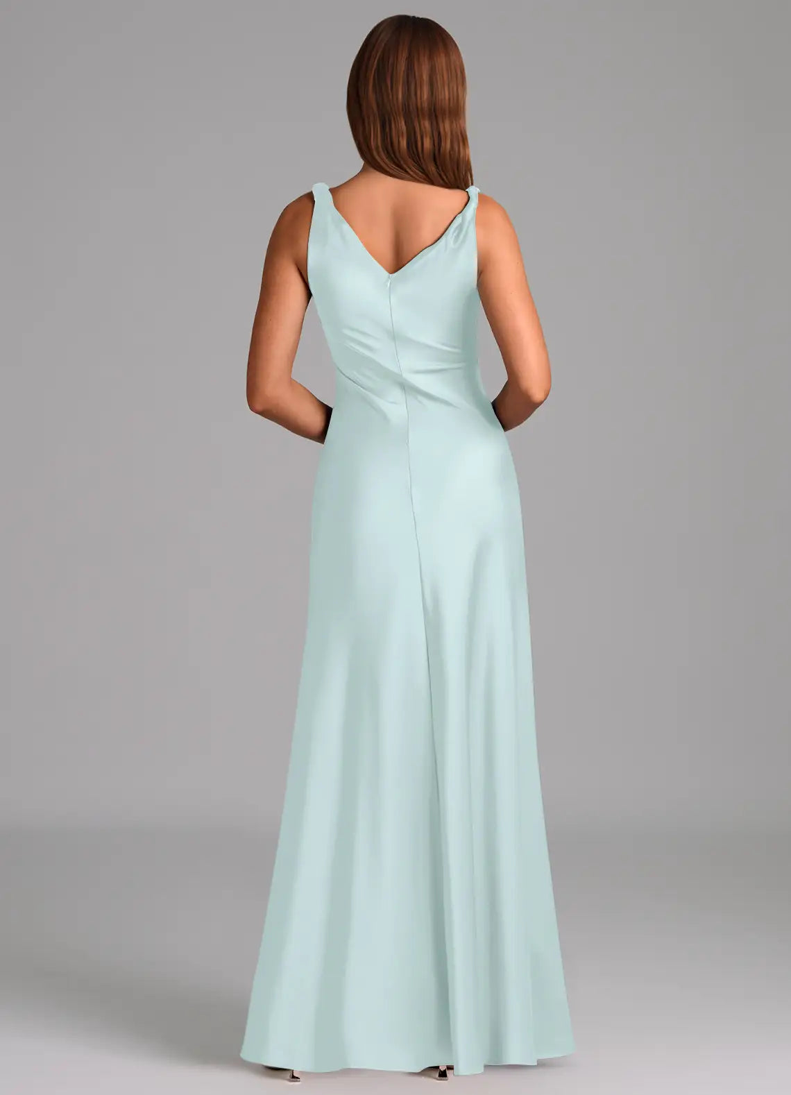 Mint Wide Strap Cowl Ruched Mermaid Satin Maxi Bridesmaid Dress