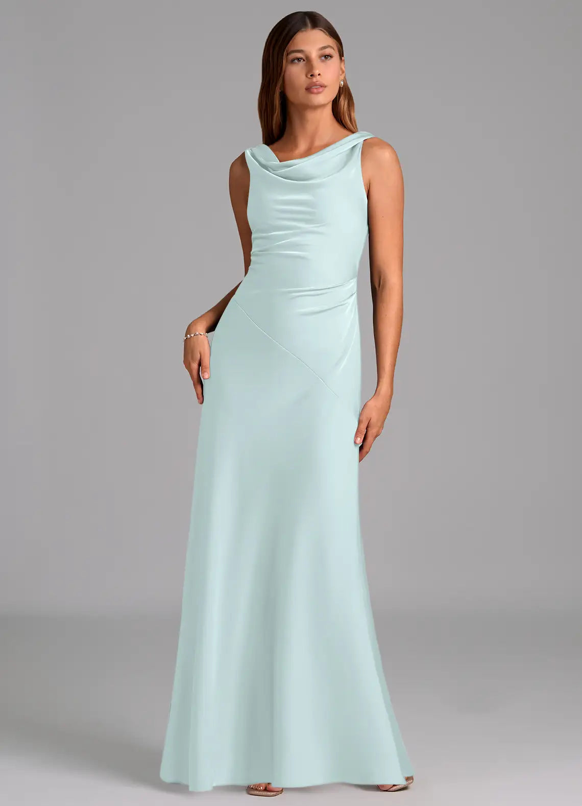 Mint Wide Strap Cowl Ruched Mermaid Satin Maxi Bridesmaid Dress