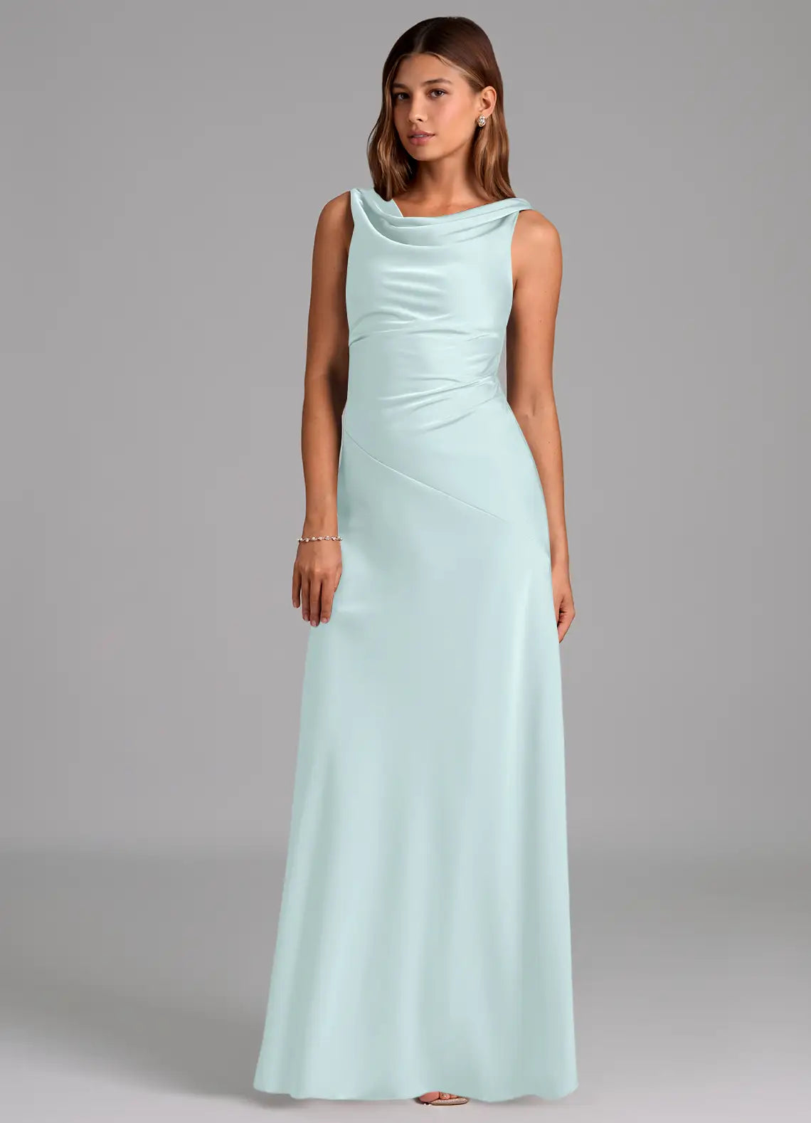 Mint Wide Strap Cowl Ruched Mermaid Satin Maxi Bridesmaid Dress