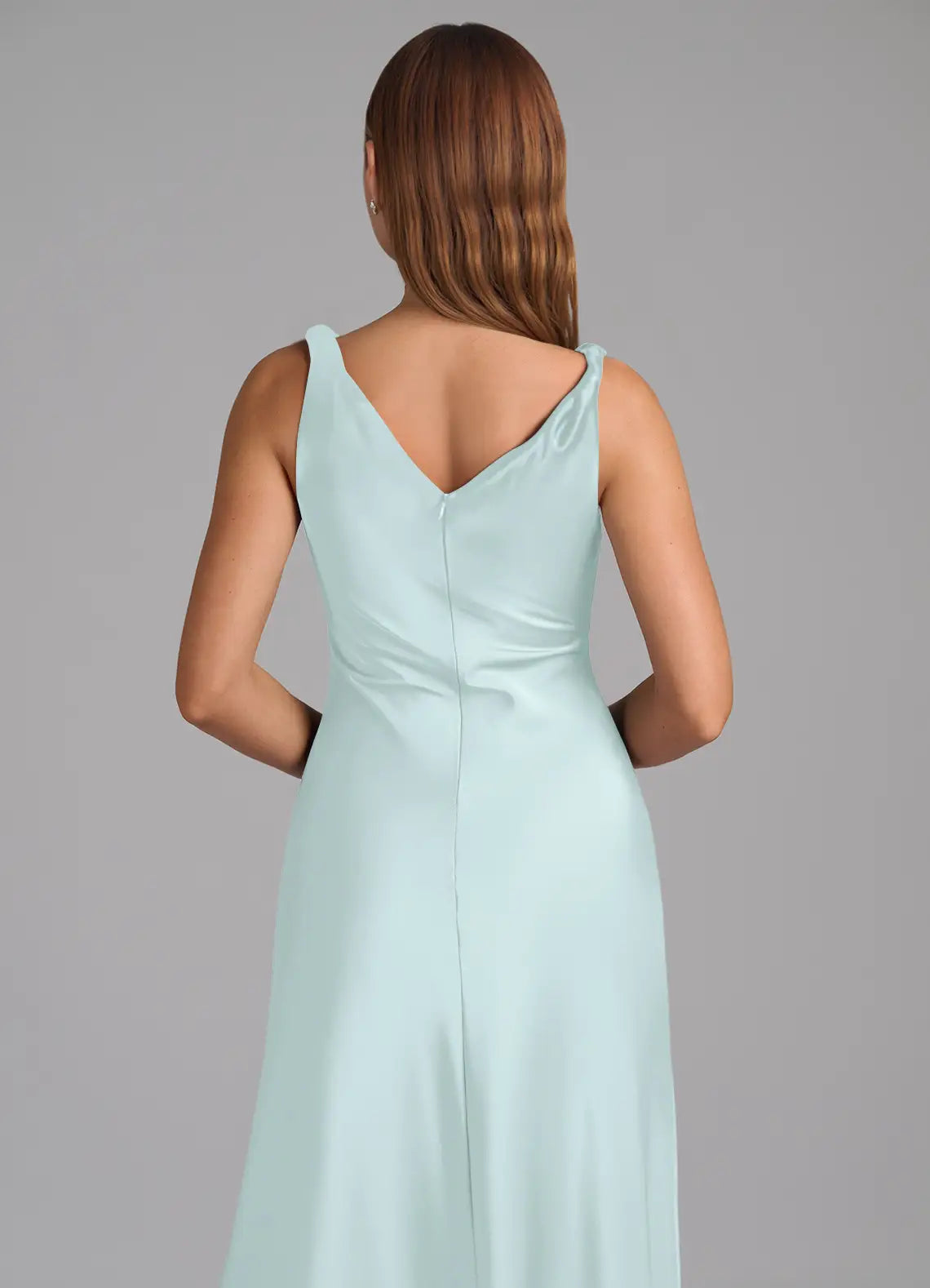 Mint Wide Strap Cowl Ruched Mermaid Satin Maxi Bridesmaid Dress