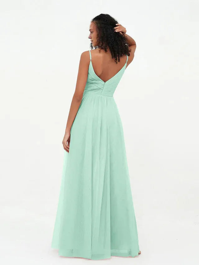 Mint‑Green Tulle Spaghetti‑Strap Double‑V‑Neck Empire‑Waist A‑Line Bridesmaid Dresses